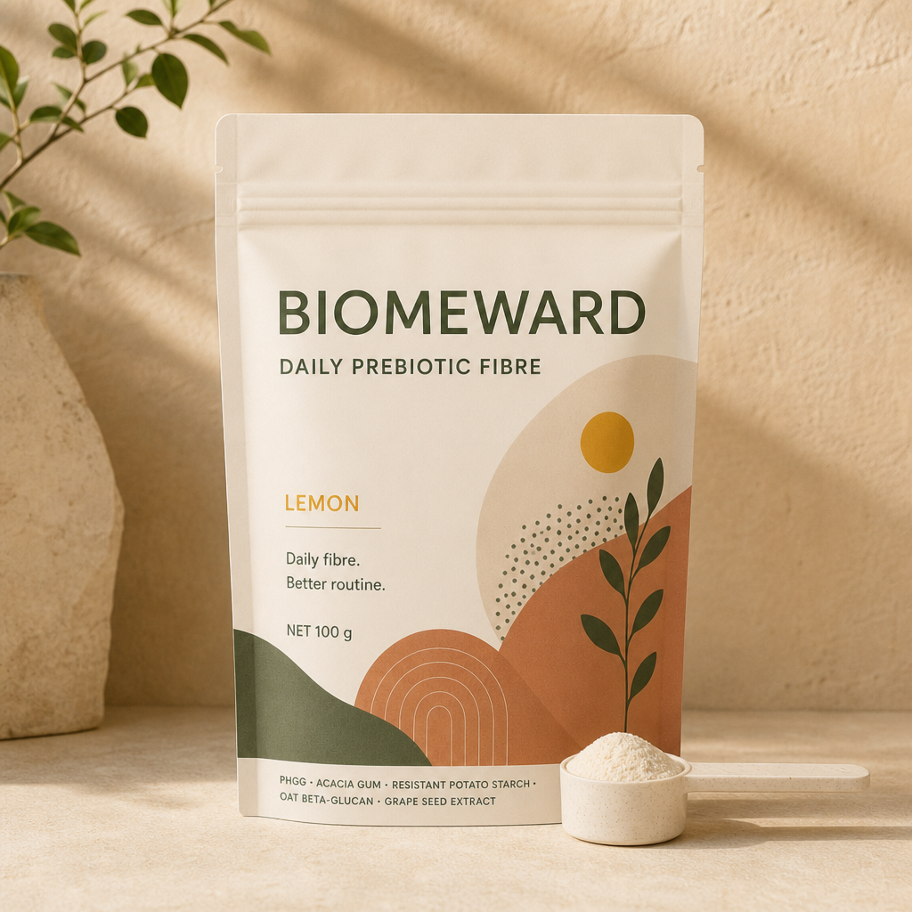 BIOMEWARD Daily Prebiotic Fibre lemon pouch with a straight measuring scoop