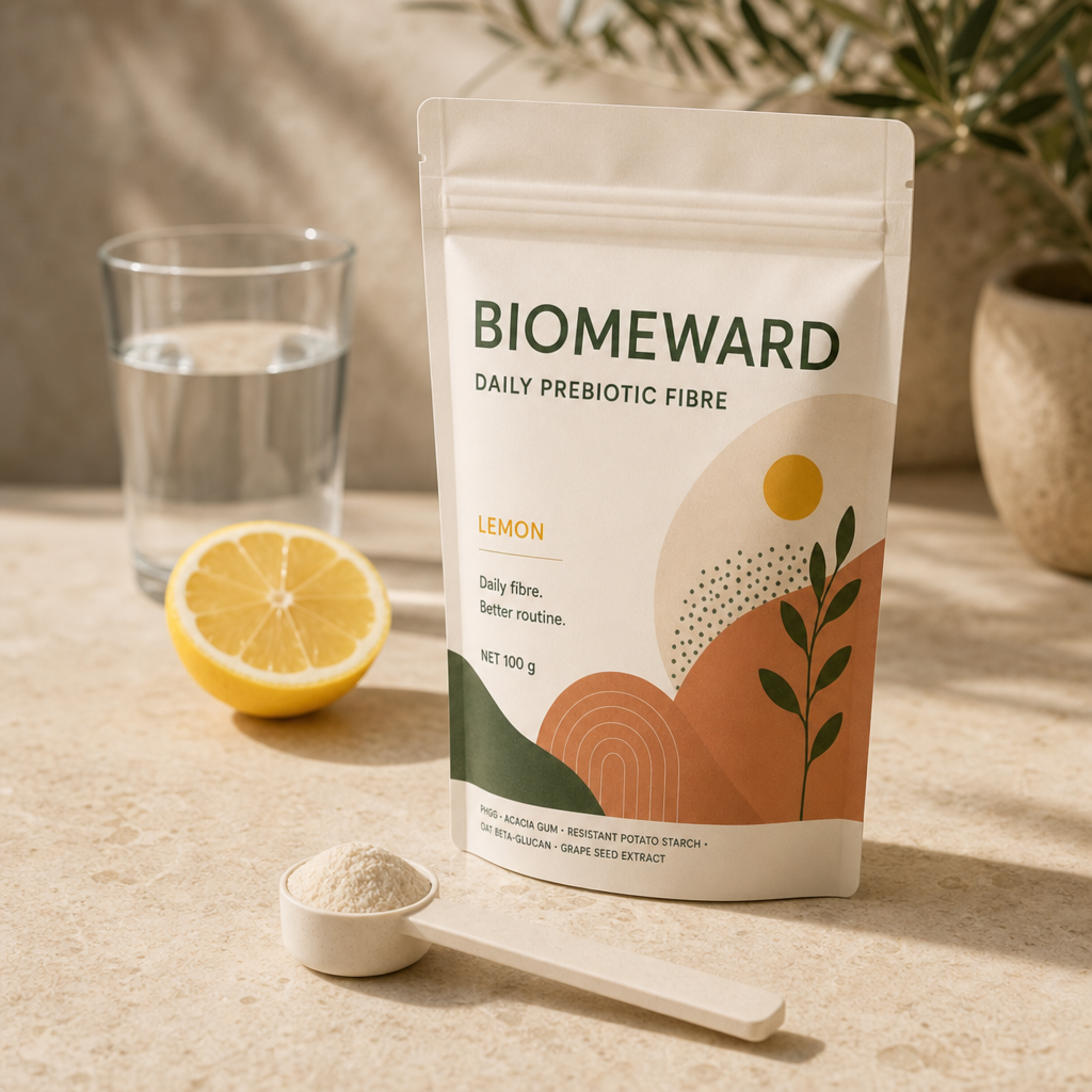 BIOMEWARD pouch beside lemon, water and a straight measuring scoop