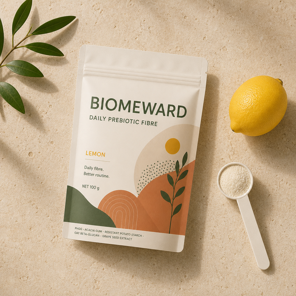BIOMEWARD pouch photographed from above with a lemon, olive sprig and measuring scoop