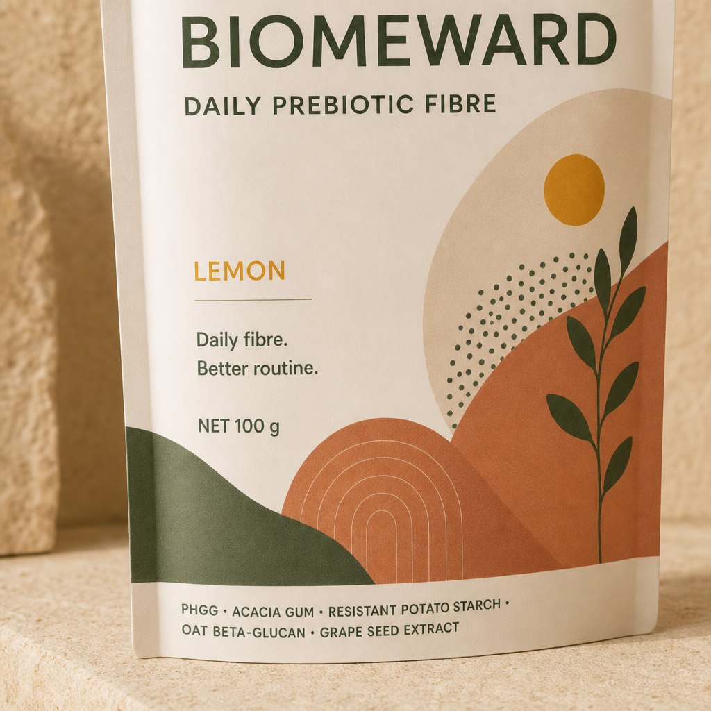 Close detail of the BIOMEWARD pouch label